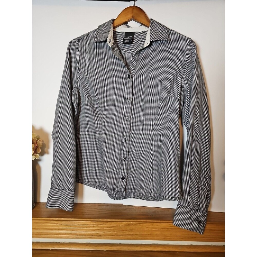 George Womens M Black White Plaid Casual Button Up Long Sleeve Shirt